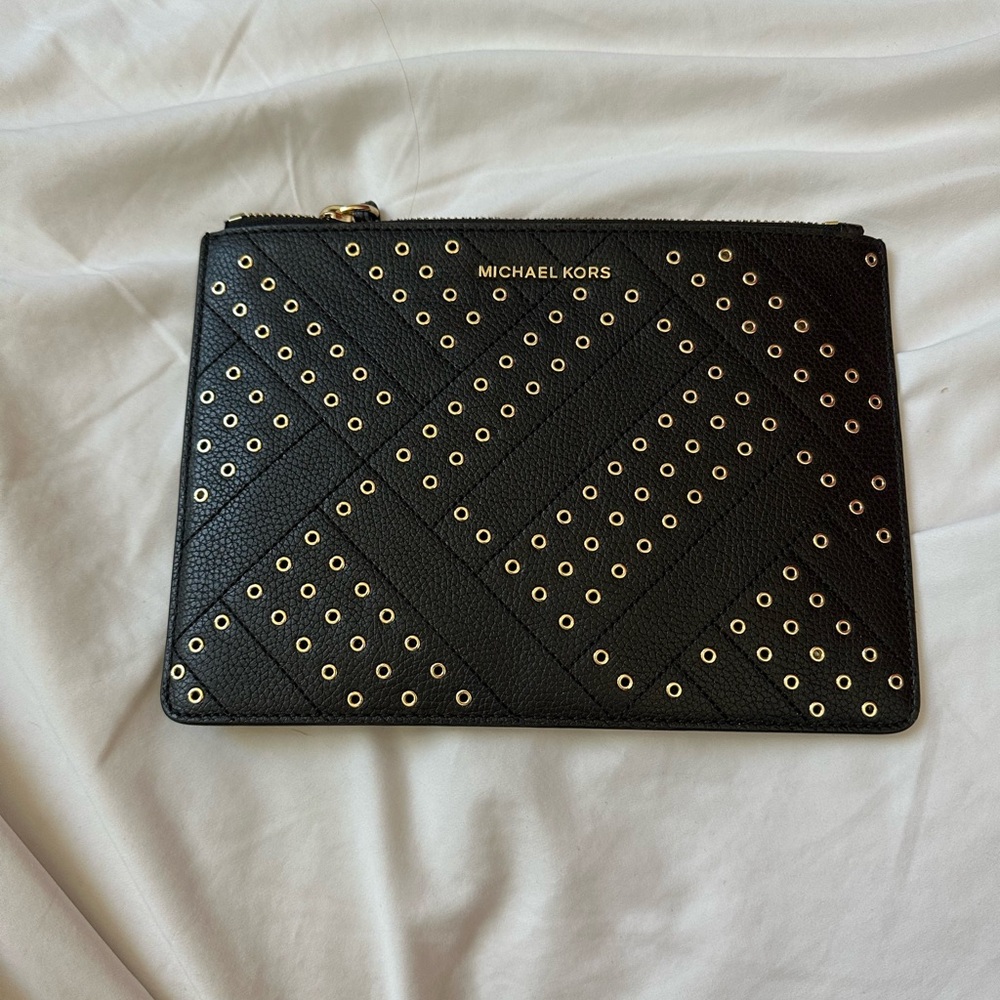 Michael Kors Black Zip Clutch Wristlet with Gold Hardware